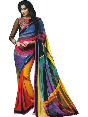 Multicolored Digital-Printed Sari with Sequined Patch Border and Floral-Embroidery on Blouse