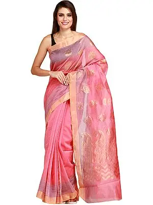 Mauveglow Sari with Woven Bootis in Zari and Stripes on Border