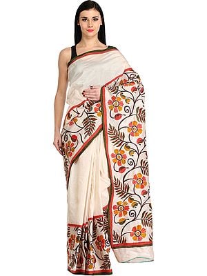 Ivory Sari from Kolkata with Foliage Print and Kantha Hand-Embroidery