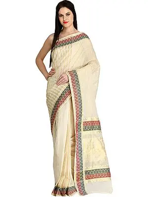 Cream Kasavu Sari from Kerala with Golden Stripes and Woven Little Krishna on Pallu