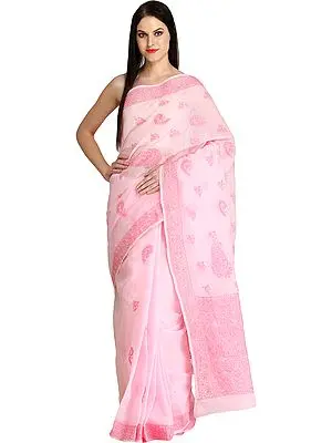 Rose-Shadow Chikan Hand-Embroidered Sari from Lucknow