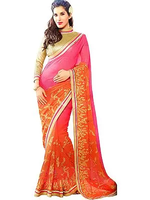 Vibrant Pink and Orange Double-Shaded Designer Sari with Golden-Embroidery and Sequins