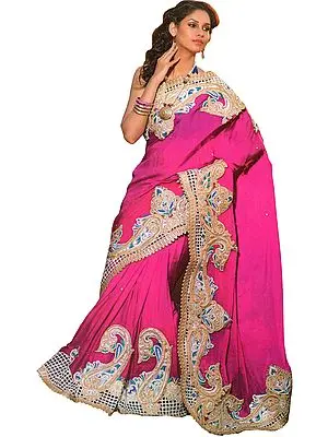 Sangria Designer Wedding Sari with Large Paisleys Border and Embroidered-Beads