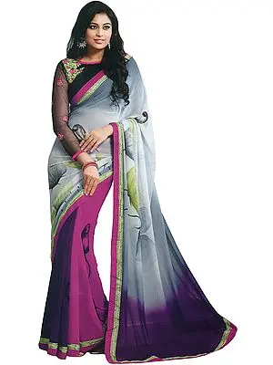 Gray and Purple Printed Sari with Patch Border and Floral-Embroidery on Blouse