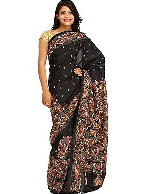 Jet-Black Sari from Kolkata with Kantha Hand-Embroidery All-Over