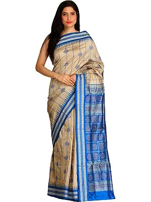 Gray and Blue Bomkai Sari from Orissa with Temple Border and Dense Weave on Pallu