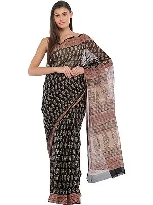 Caviar-Black Chiffon Kalamkari Sari with All-Over Bootis