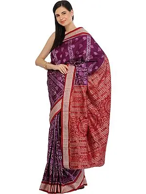 Purple and Maroon Bomkai Handloom Sari from Sambhalpur with Ikat Weave