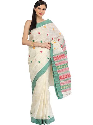 Off-White Tant Sari from Bengal with Woven Bootis and Floral Motifs on Pallu