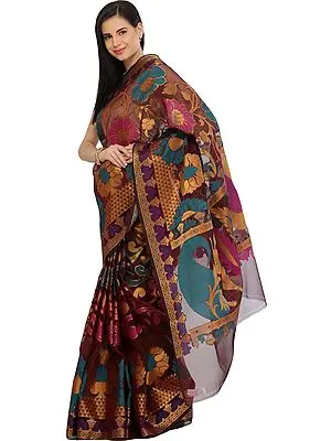 Burgundy Sari from Banaras with Woven Giant Flowers and Paisleys