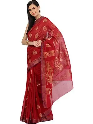 Deep-Claret Sari with Woven Large Bootis in Zari