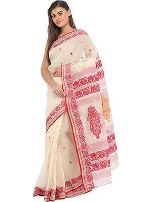 Ivory and Red Purbasthali Tangail Saree from Bengal with Woven Floral Motifs on Pallu