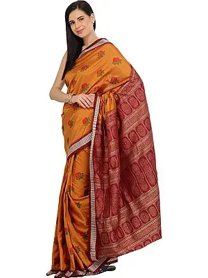 Honey-Yellow and Maroon Bomkai Handloom Sari from Orissa with Woven Roses and Dense Weave on Pallu