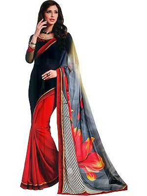 Black and Red Printed Sari with Patch Border and Embroidery on Blouse