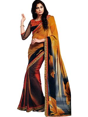 Honey and Black Printed Sari with Patch Border and Embroidery on Blouse