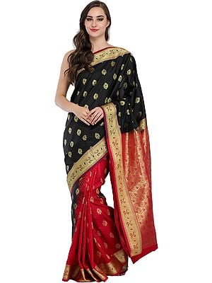 Black and Red Double-Shaded Wedding Sari from Bangalore with Golden Bootis and Brocaded Pallu