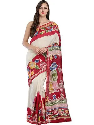 Ivory and Red Batik Jamini Roy Sari from Madhya Pradesh