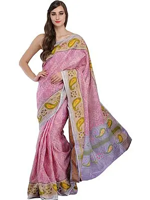 Mauve-Mist Ikat Handloom Paan-Patola Sari from Gujarat with Woven Paisleys