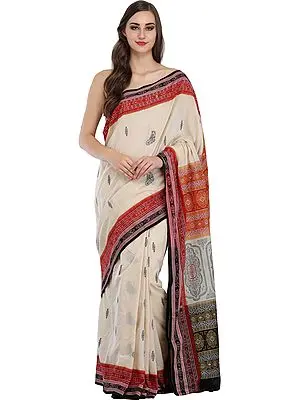 Antique-White Bomkai Sari from Orissa with Woven Bootis and Motifs on Pallu
