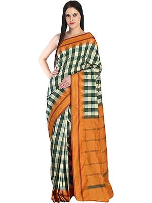 Sari from Bangalore with Woven Checks and Striped Pallu