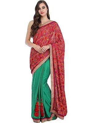 Red and Green Half and Half Bandhani Printed Sari with Embroidered Floral Patches and Gota Border