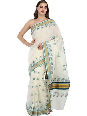Off-White Kasavu Sari from Kerala with Woven Border and Printed Little Krishna