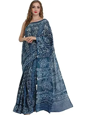 Infinity-Blue Batik Sari from Madhya Pradesh with Floral-Print