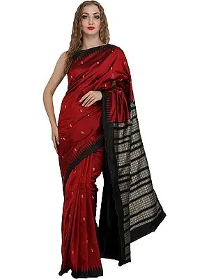 Maroon and Black Bomkai Handloom Sari from Orissa with Woven Fishes and Temple Border