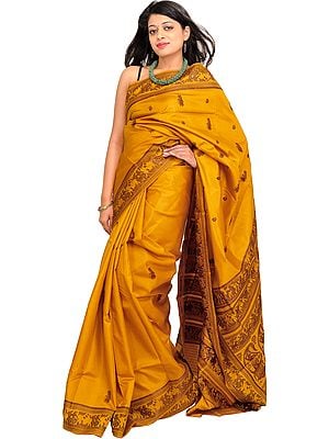 Honey-Gold Baluchari Sari from Kolkata Depicting Hindu Mythological Episodes
