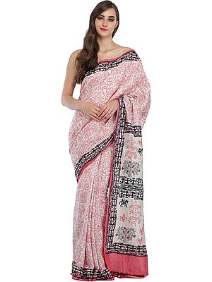White and Pink Sari from Madhya Pradesh with Printed Warli Folk Motifs