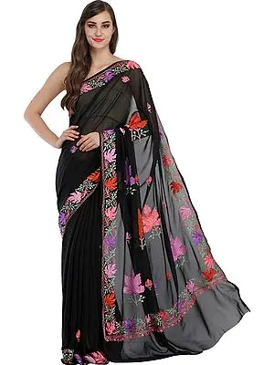 Caviar-Black Kashmiri Sari with Aari-Embroidered Maple Leaves