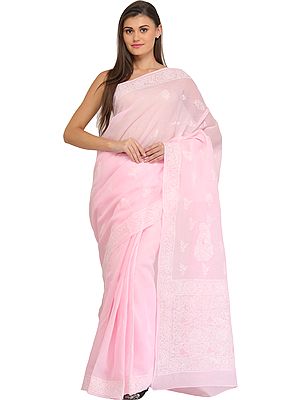 Rose-Shadow Lukhnavi Chikan Hand-Embroidered Sari