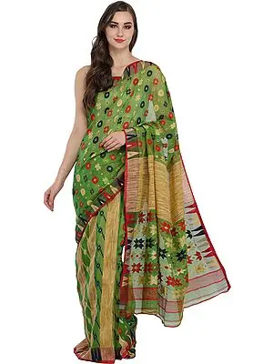 Meadow-Green Purbasthali Jamdani Sari from Bengal with Woven Bootis and Temple Border