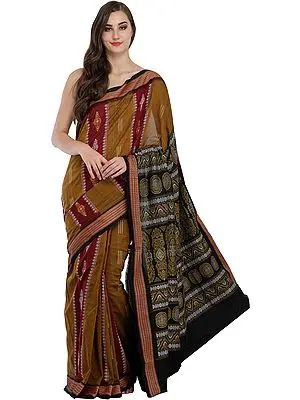 Medal-Bronze Bomkai Sari from Orissa With Woven Rudraksha Border and Dense Weave on Pallu