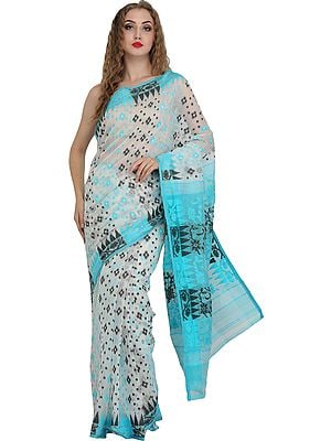 Snow-White Purbasthali Jamdani Sari from Bengal with All-Over Weave