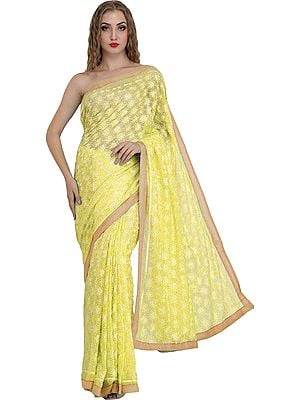 Sari from Punjab with Phulkari Embroidery in Self and Golden Border