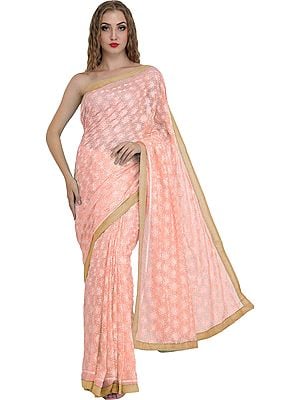 Sari from Punjab with Phulkari Embroidery in Self and Golden Border