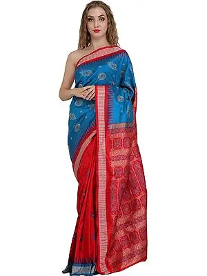 Blue and Red Bomkai Handloom Sari from Orissa with Woven Temple Border and Chakra Bootis