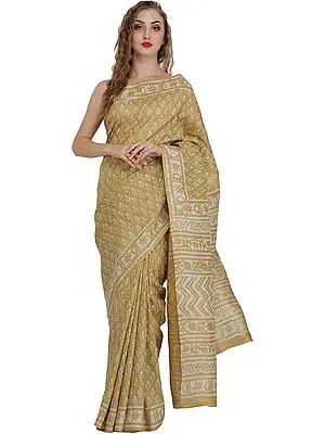 Silver-Fern Sari from Madhya Pradesh with Bagdoo Block-Printed Bootis