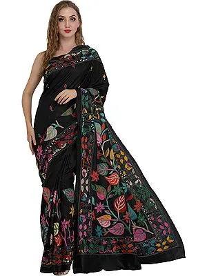 Jet-Black Sari from Kolkata with Kantha Hand-Embroidered Leaves