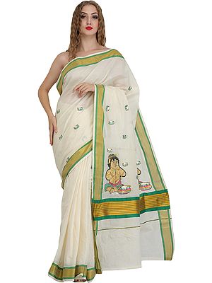 Cream Kasavu Sari from Kerala with Striped Border and Embroidered Little Krishna in Applique