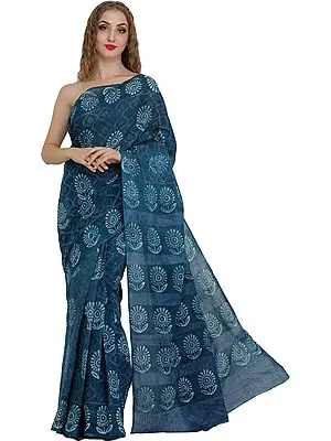 Atlantic-Deep Batik Sari from Madhya Pradesh with Printed Sunflowers