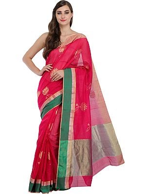 Bright-Rose Handloom Chanderi Sari with Woven Lotuses and Striped Border