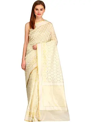 Ivory and Golden Tissue Sari from Banaras with Woven Bootis in Self
