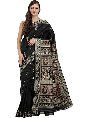 Jet-Black Baluchari Sari from Kolkata Depicting Hindu Mythological Episodes