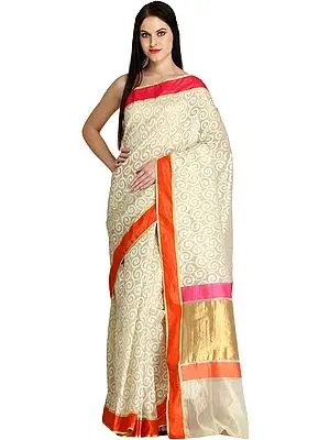 Cream Tissue Sari from Banaras with Woven Spirals