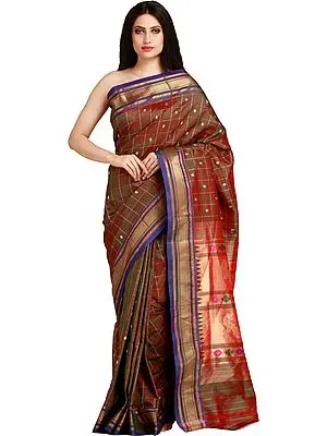Dark-Olive Paithani Sari with Bootis and Hand-Woven Peacocks on Pallu