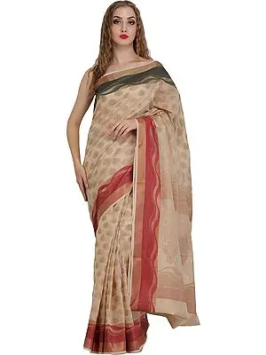 Banana-Crepe Banarasi Sari with Woven Bootis and Leheria Weave on Border