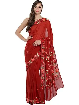 Cinnabar Kashmiri Sari with Aari Floral-Embroidery
