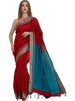 Red and Blue Plain Sari from Bengal with Striped Border